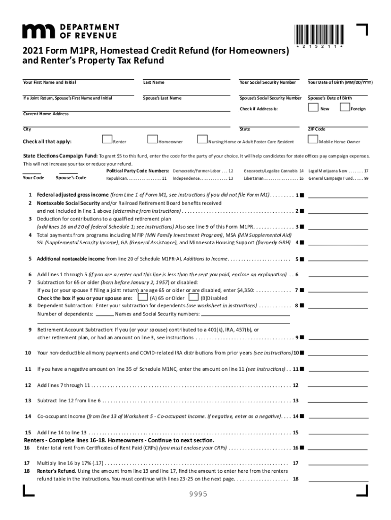 2021 Form MN DoR M1PR Fill Online Printable Fillable Blank PdfFiller