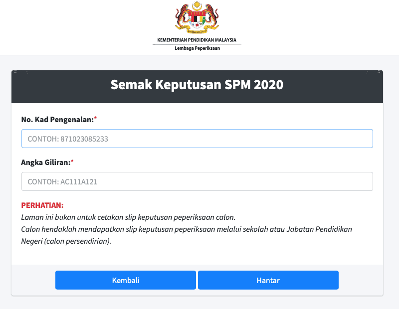 Contoh Angka Giliran Spm 2020 Semakan Keputusan Spm Tahun 2019 Secara 