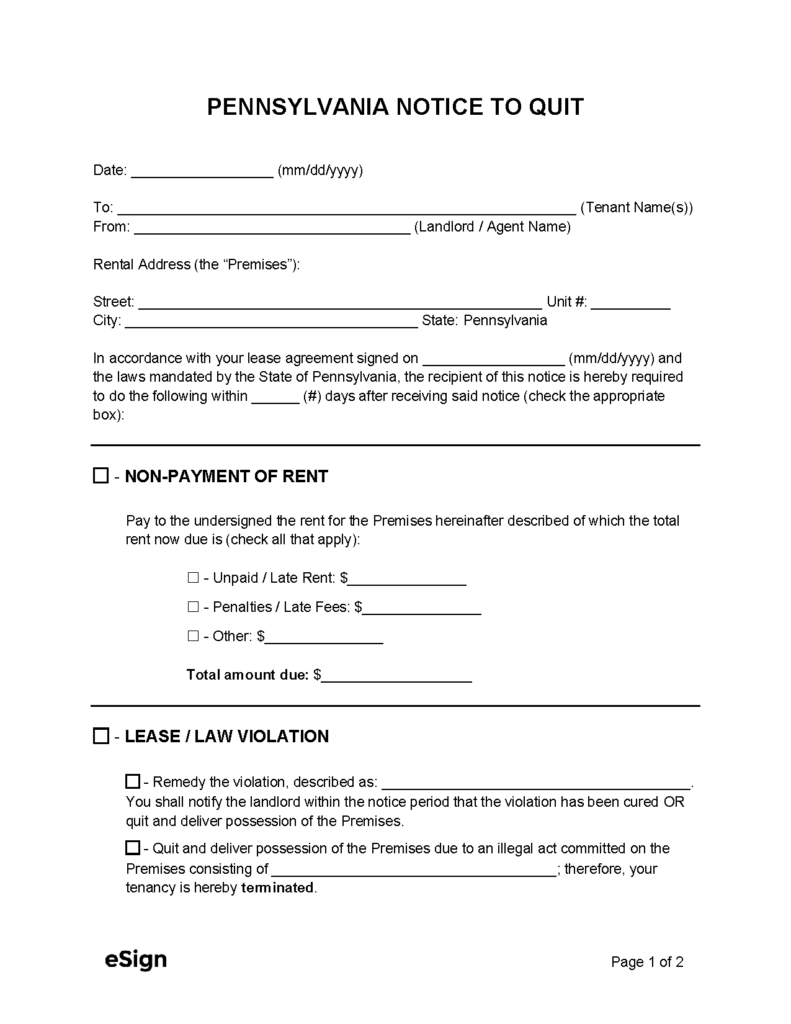 Free Pennsylvania Eviction Notice Templates Laws PDF Word