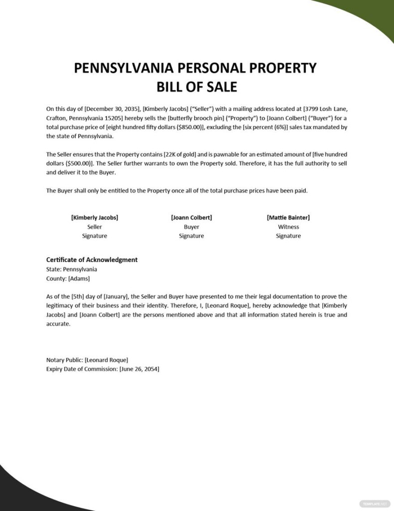 Free Pennsylvania Personal Property Bill Of Sale Form Template Google 