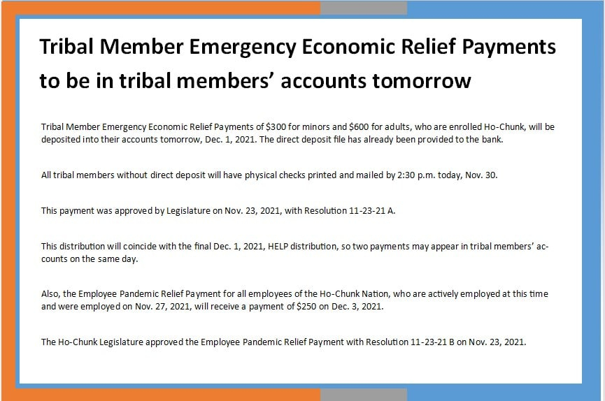 Tribal Member Emergency Economic Relief Payments To Be In Tribal 